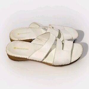 Naturalizer Sz 9 Crisp White Slides Open Toe Leather Cushioned Boho Minimal 22x
